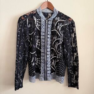 Vintage Lace Embellished Zip-Front Jacket | Sheer Black & Gray Beaded Floral Top